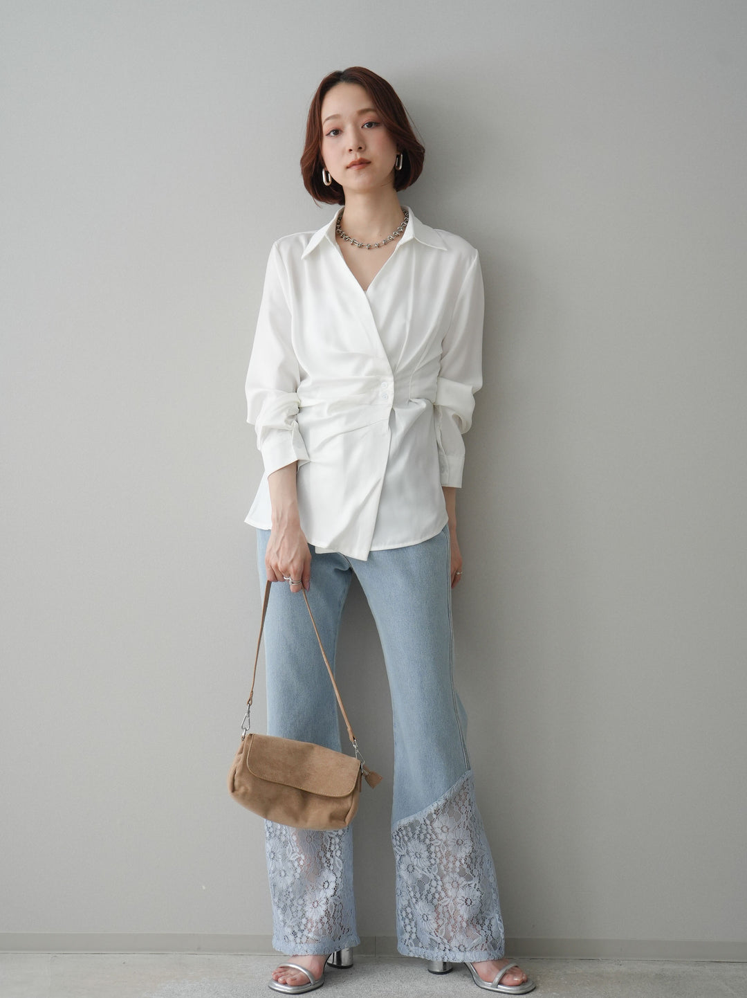 [予約]レース切替フレアデニムパンツ/bleach