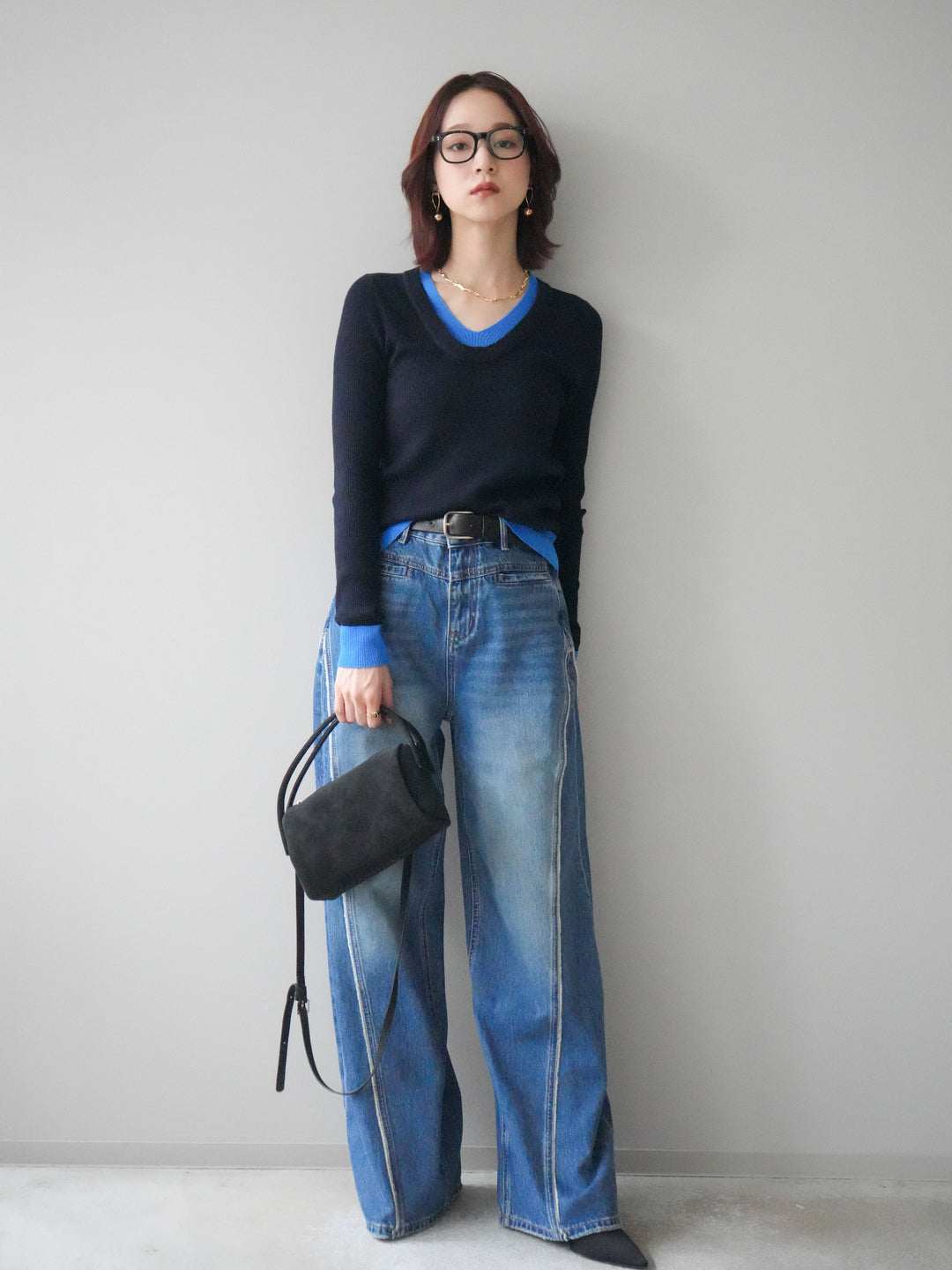 [SET]Uネック配色レイヤードリブニットトップス+サイドフリンジワイドデニムパンツ(2set)