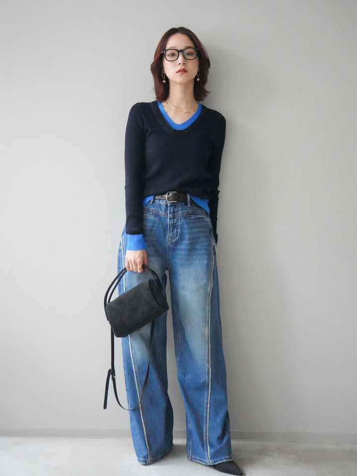 [SET]Uネック配色レイヤードリブニットトップス+サイドフリンジワイドデニムパンツ(2set)