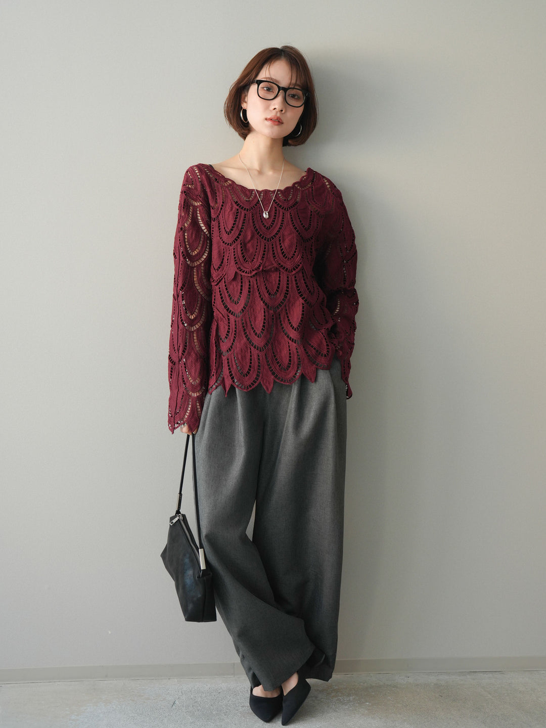 [予約]透かしコードレースブラウス/bordeaux