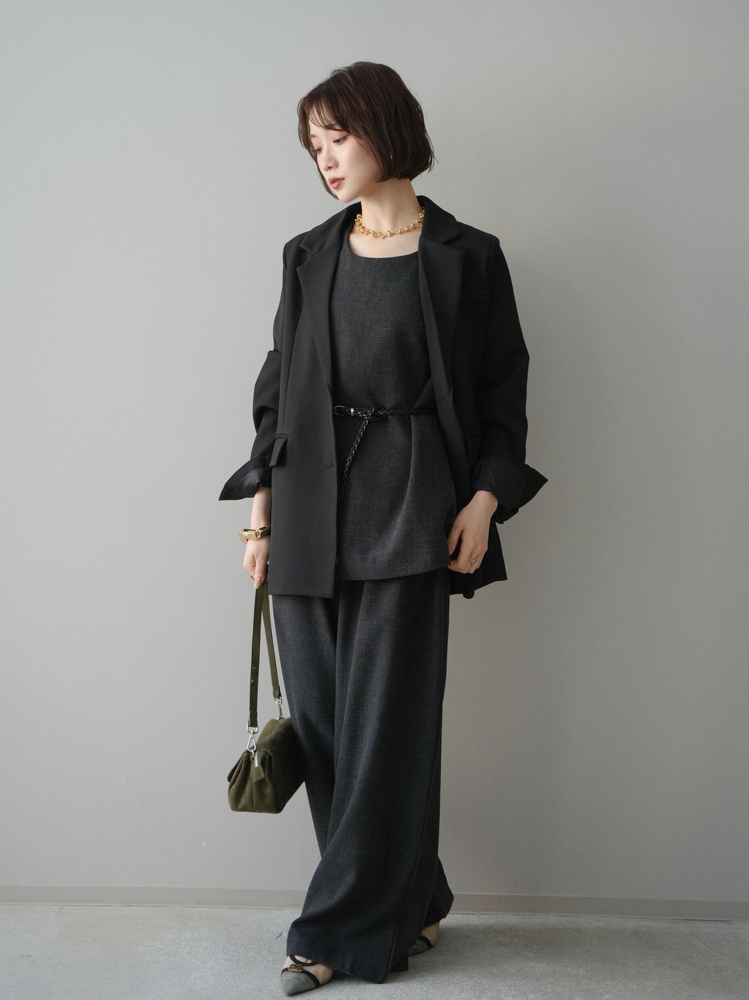 [SET]ベルト付ノースリーブトップス＆ワイドパンツSETUP+バックスリットデザインジャケット(2set)