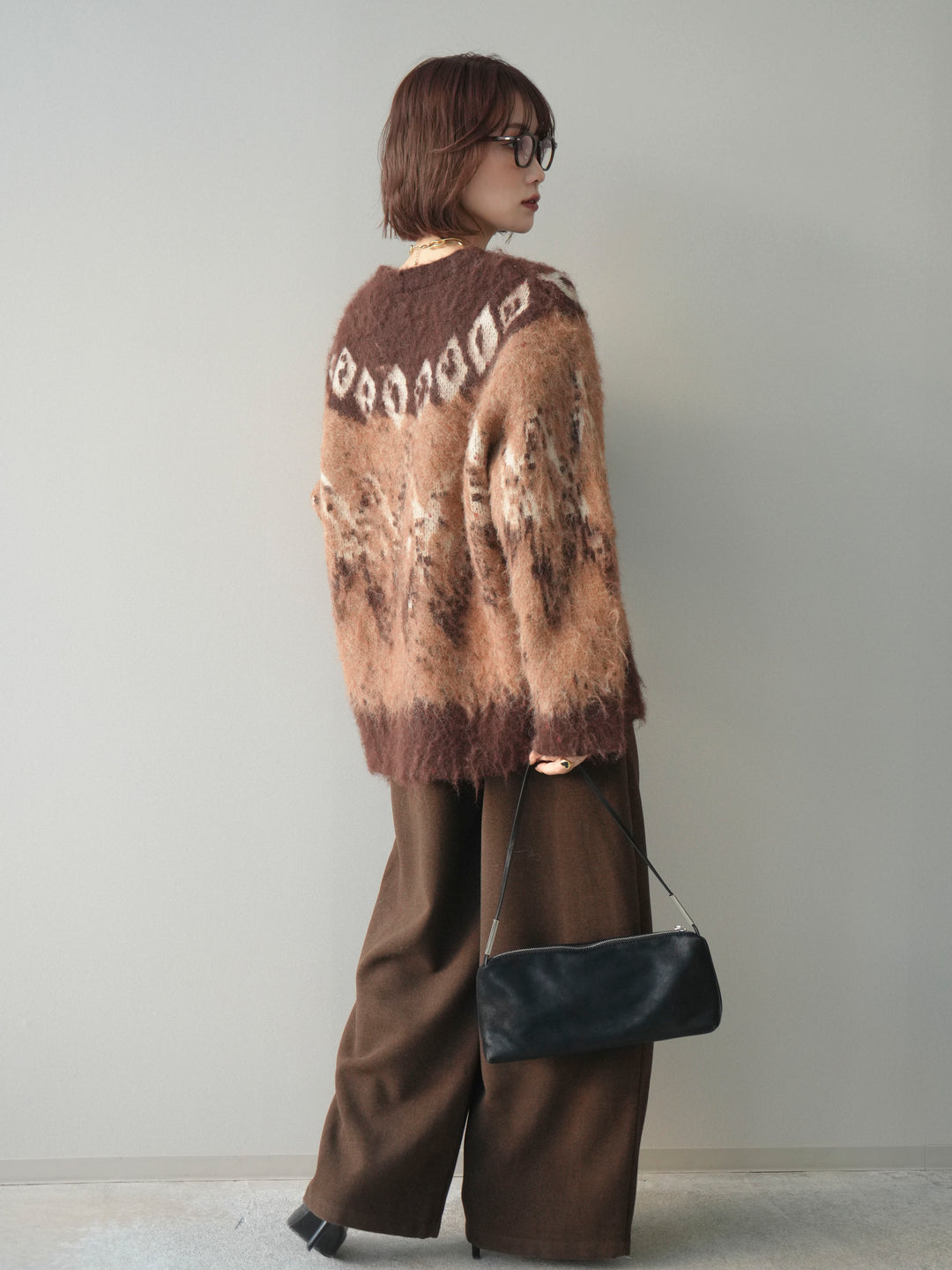 [SET]シャギーニュアンス柄ニットプルオーバー+ベルト付起毛コクーンパンツ(2set)