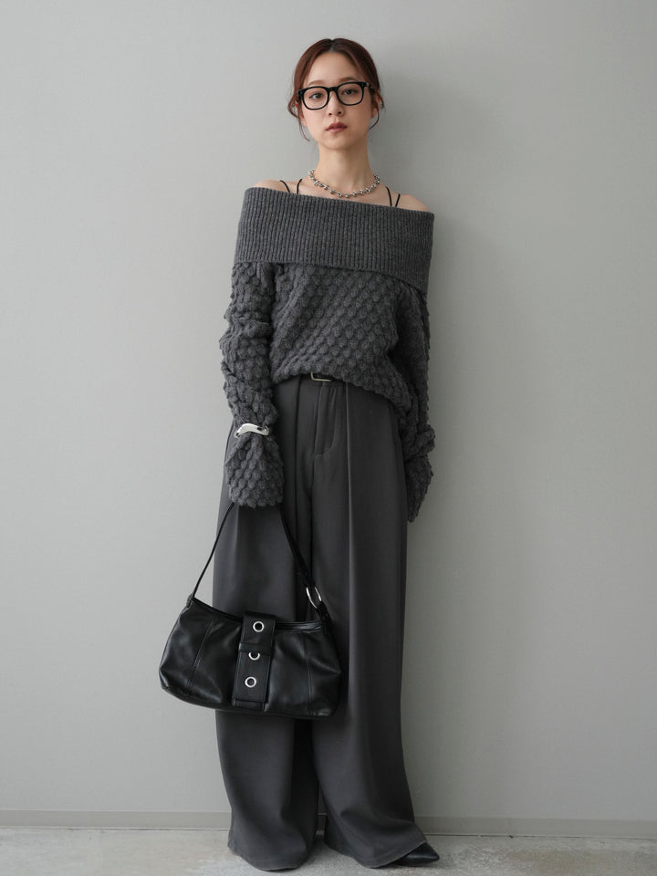 [SET]ポコポコ編みオフショルニットプルオーバー+ベルトループデザインワイドパンツ(2set)
