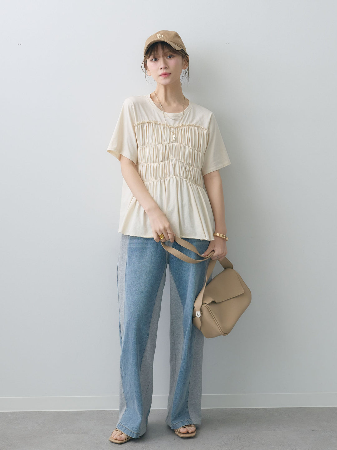 [SET]クールタッチシャーリングTEE+デニム切替スウェットパンツ(2set)