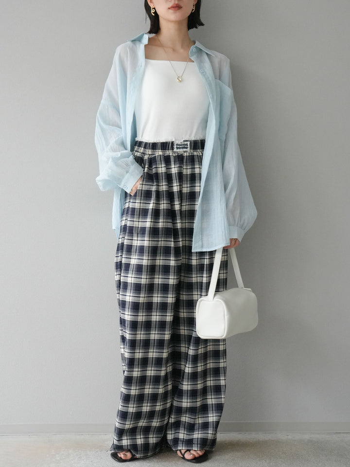 【預購】蕾絲層疊格紋寬褲/藏青色
