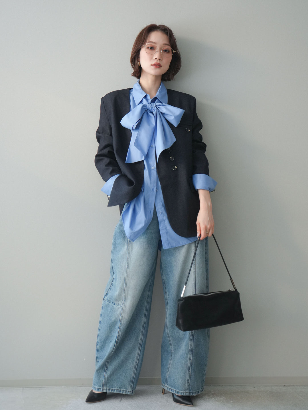 [SET]ノーカラージャケット+ボウタイ付オーバーシャツ+ガーメントウォッシュカーブデニムパンツ(3set)