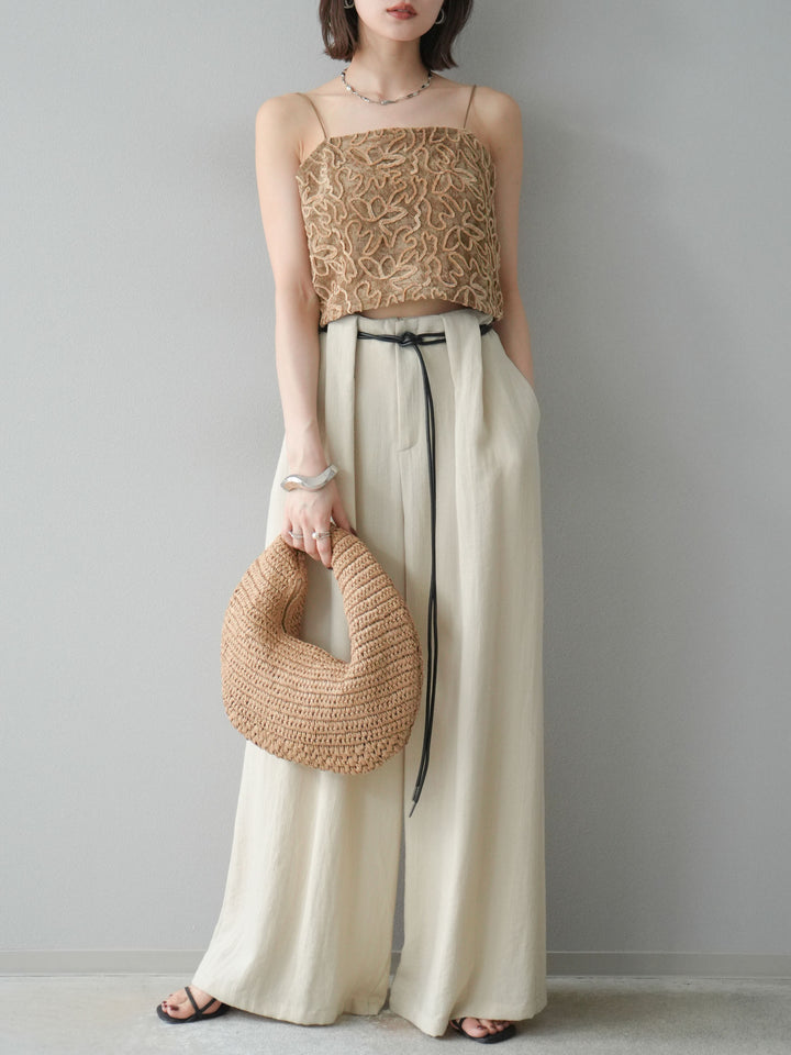 【預購】繩紋設計腰帶亞麻觸感寬褲/米色