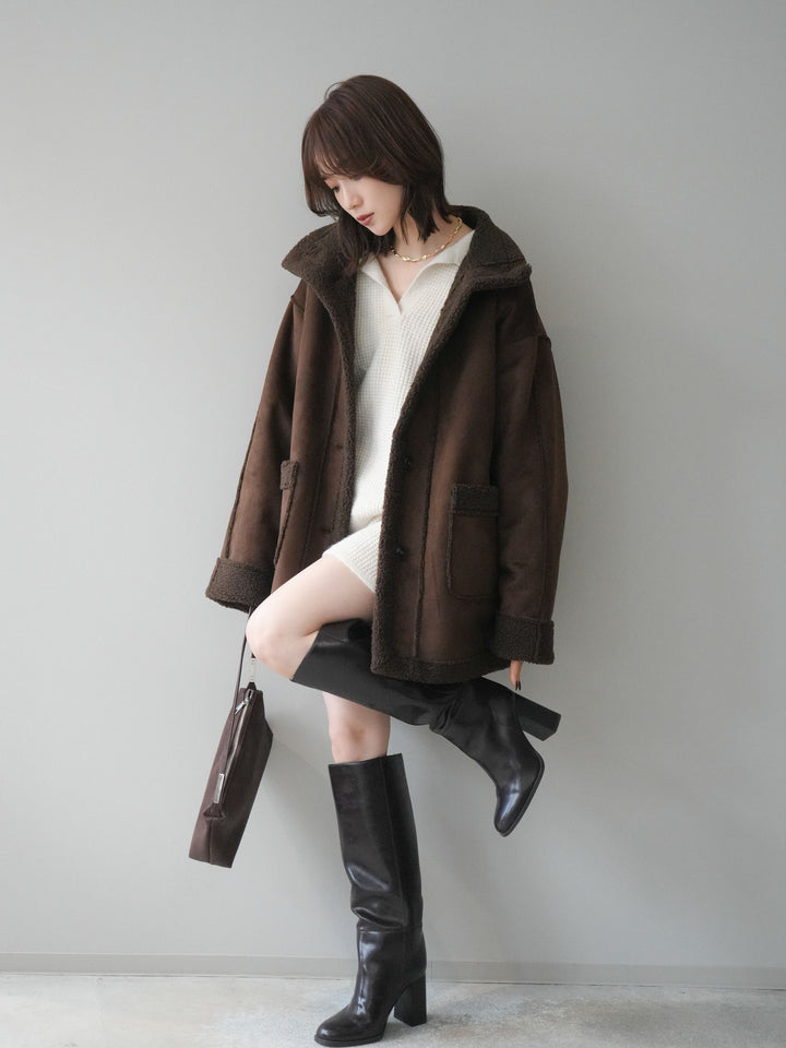 [SET]ポロニットプルオーバー＆ショートパンツSET UP+スタンドネックフェイクムートンミディアムコート(2set)