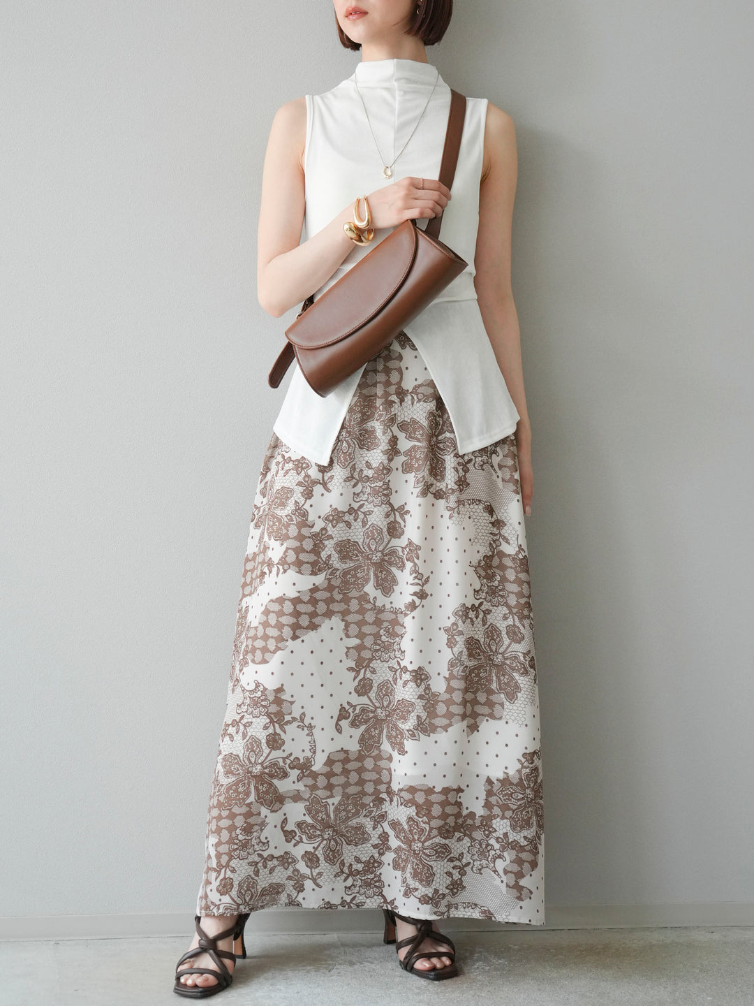 [予約]フラワーパターンフレアスカート/ベージュ