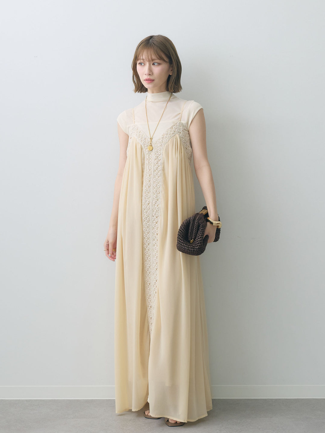 [SET]センタークロシェレースキャミワンピース+シアー切替ストレッチトップス(2set)