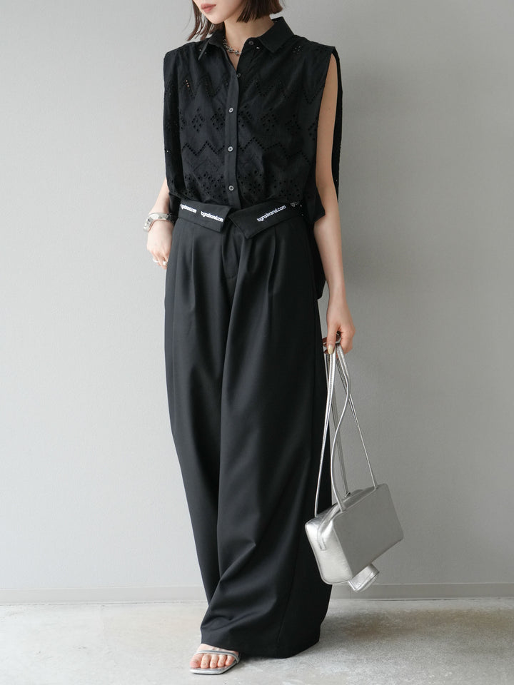 [予約]ウエスト折り返しロゴタックワイドパンツ/ブラック