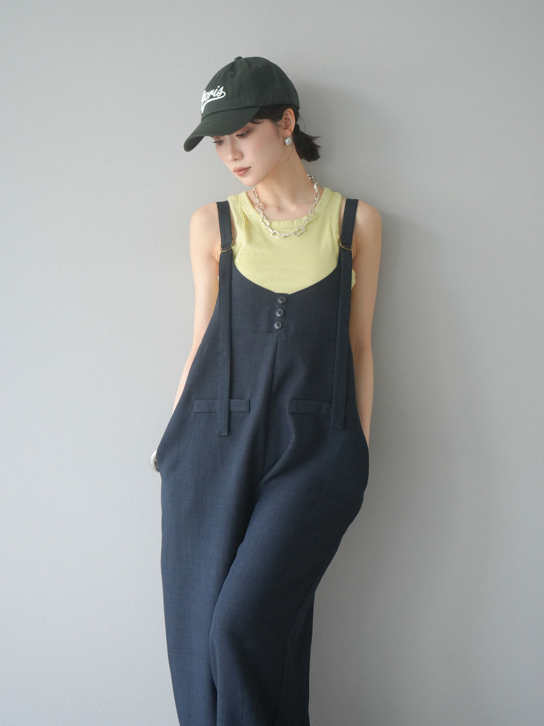 [予約]リネンタッチボタンサロペット/チャコール