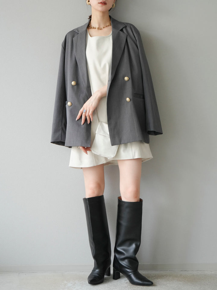 [SET]ゴールドボタンツイルダブルテーラードジャケット+ショルダーポーチ付スウェードミニワンピース(2set)