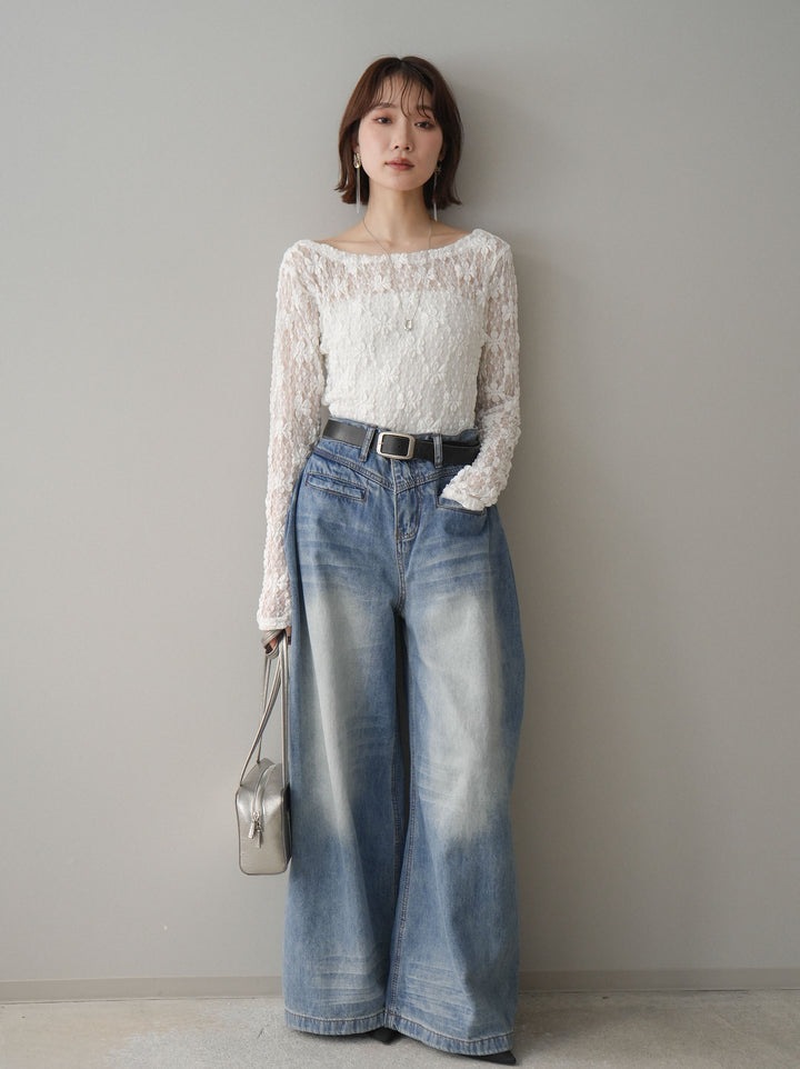 [予約]サイドギャザーレーストップス/white