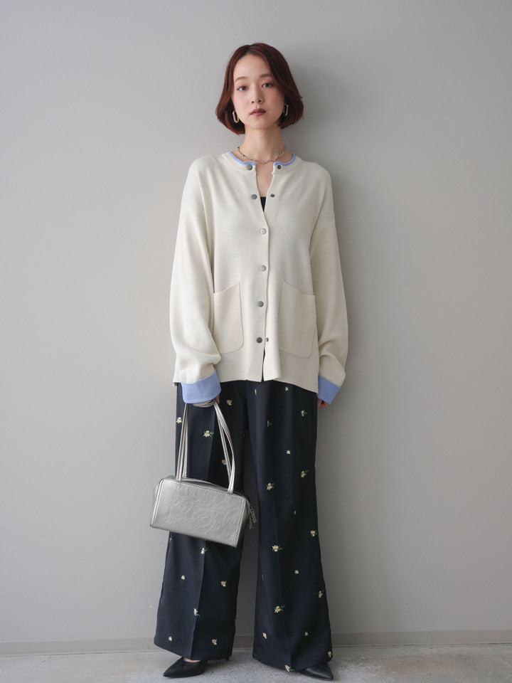 [予約]フラワー刺繍タックパンツ/navy