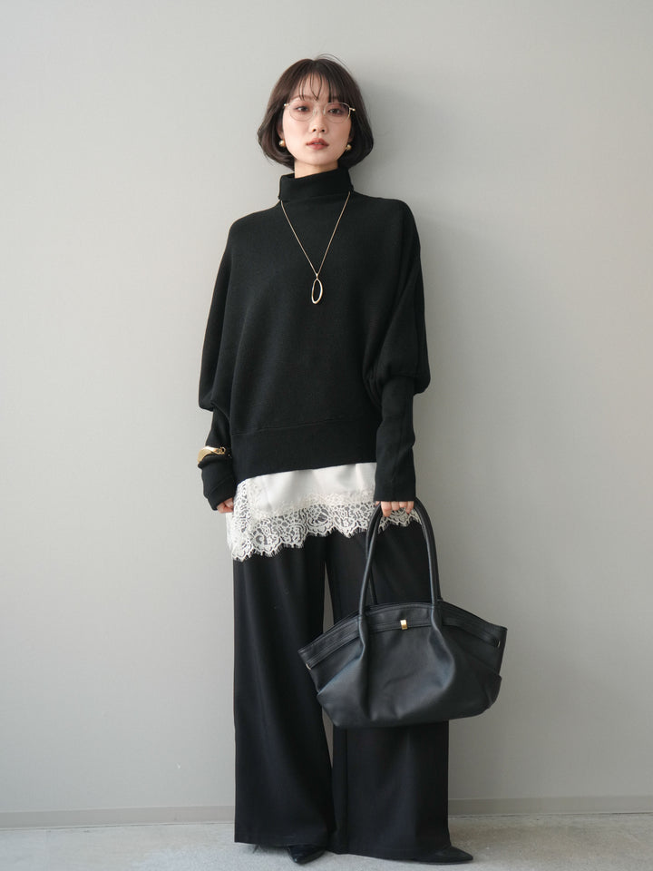 [予約]ウエストレースタックワイドパンツ/black