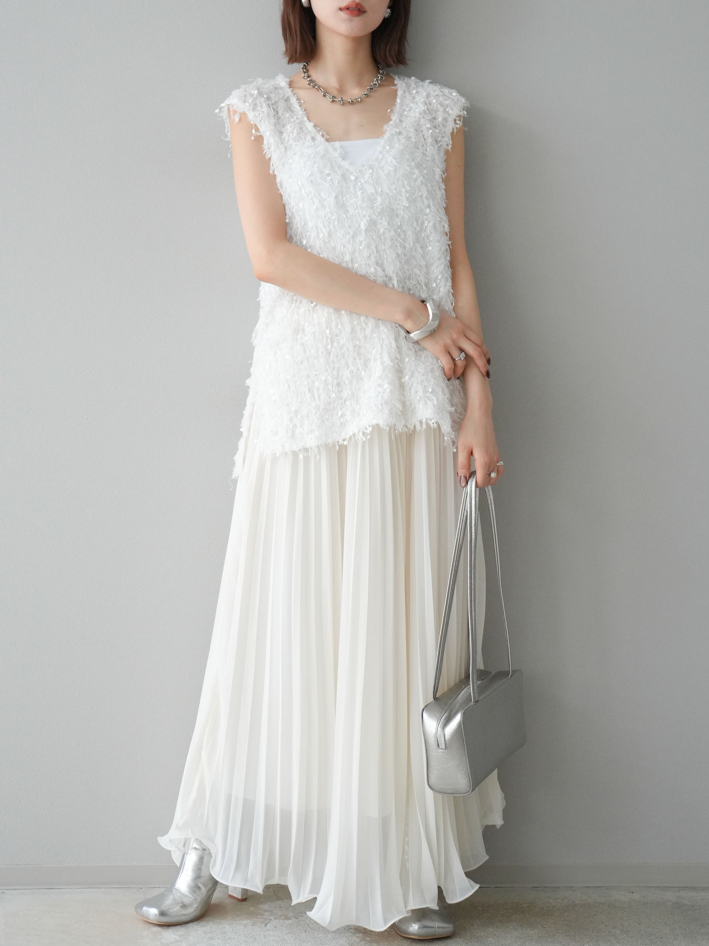 SET]フェザーVネックベスト+シフォンプリーツパイピングスカート