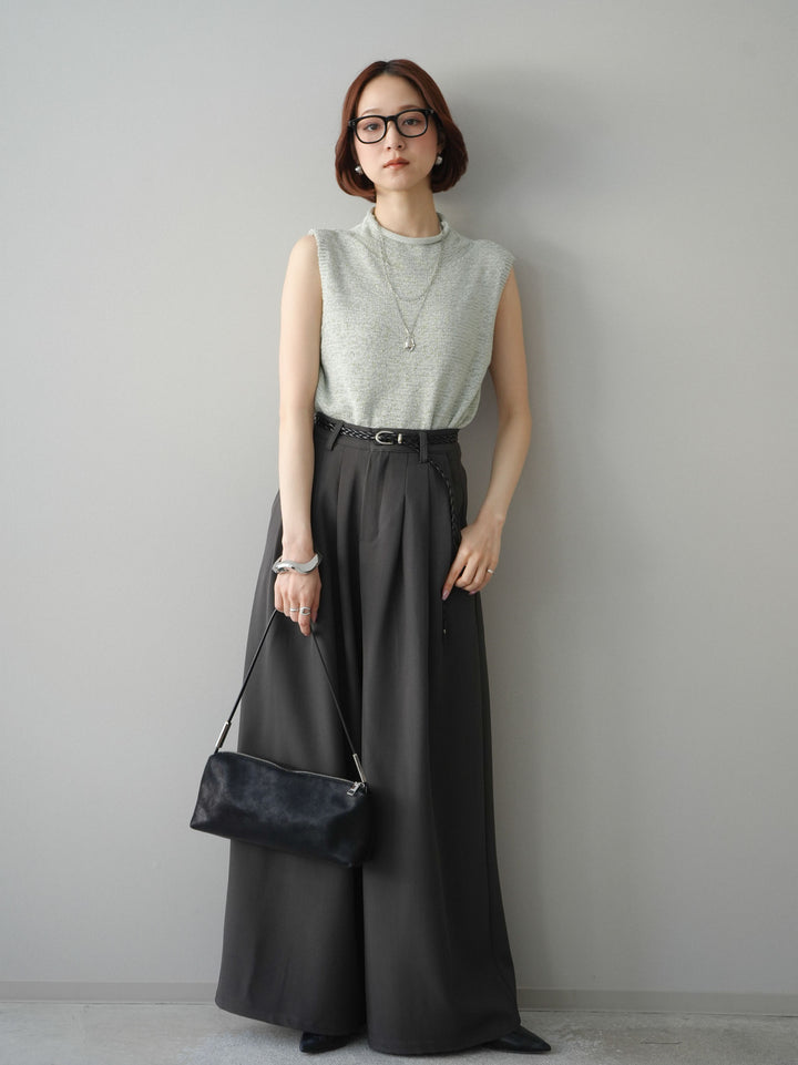 [予約]編み込みベルト付タックワイドパンツ/gray