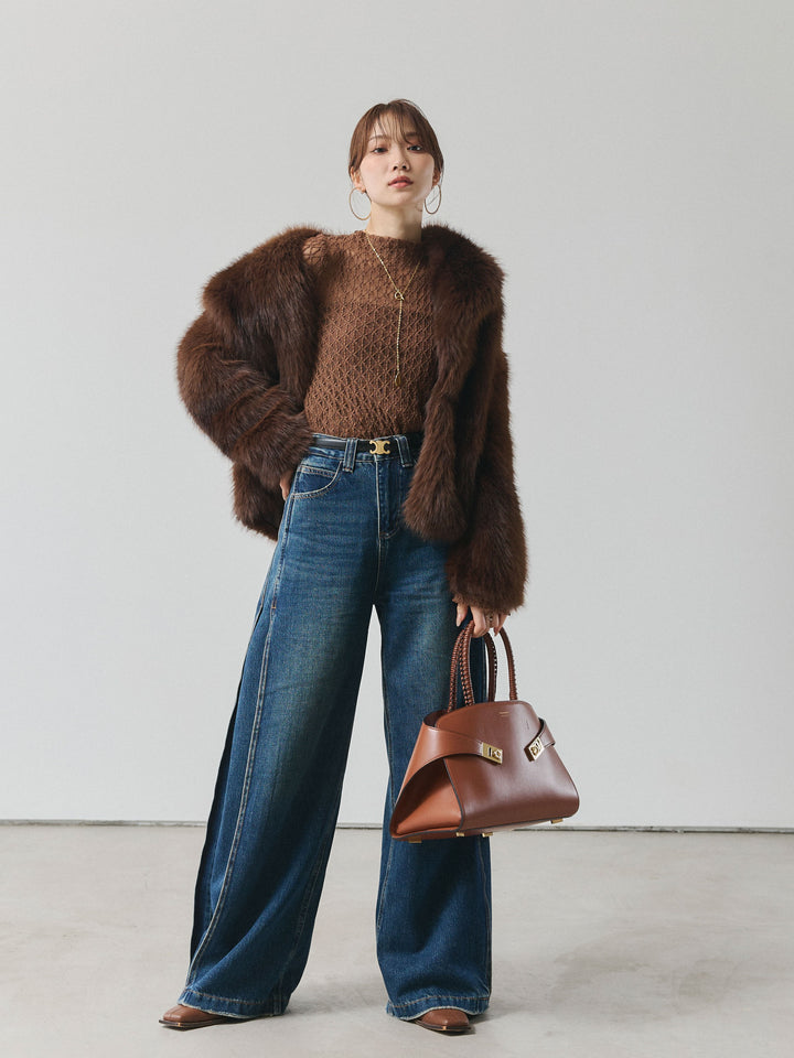 【Allure】[SET]フラワーレーストップス+フェイクファービックカラージャケット(2set)