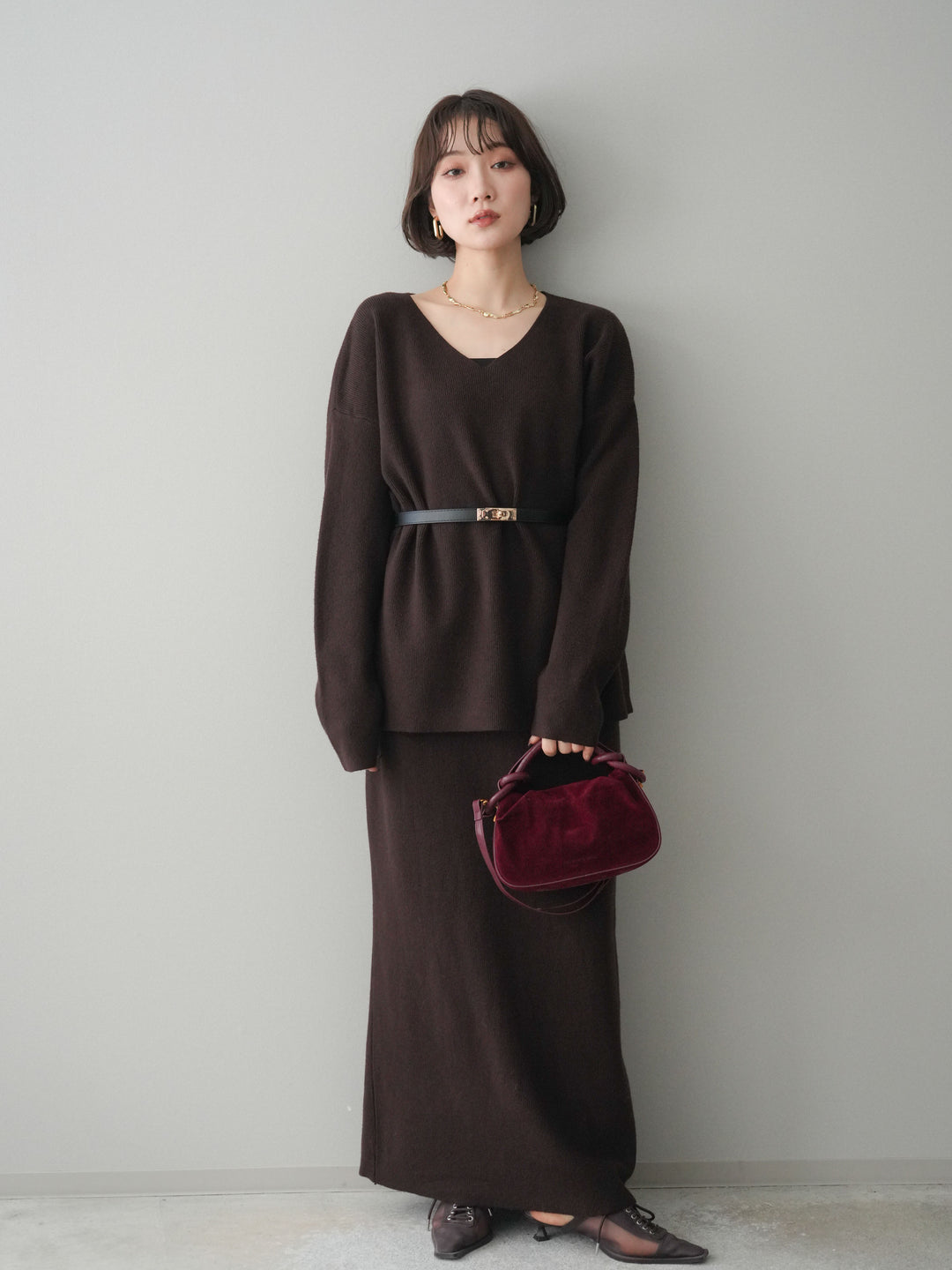 [SET]ベルト付Vネックニット＆スカートSET UP(2set)