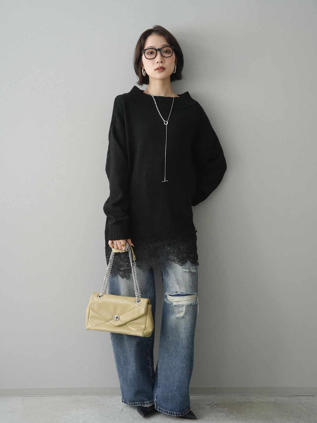 [SET]アシンメトリーレースヘムニットプルオーバー+アシンメトリーレースヘムニットプルオーバー(2set)