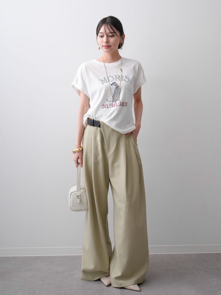 [SET]ドッグエンブロイダリーTEE+アシンメトリーベルトタックワイドパンツ(2set)