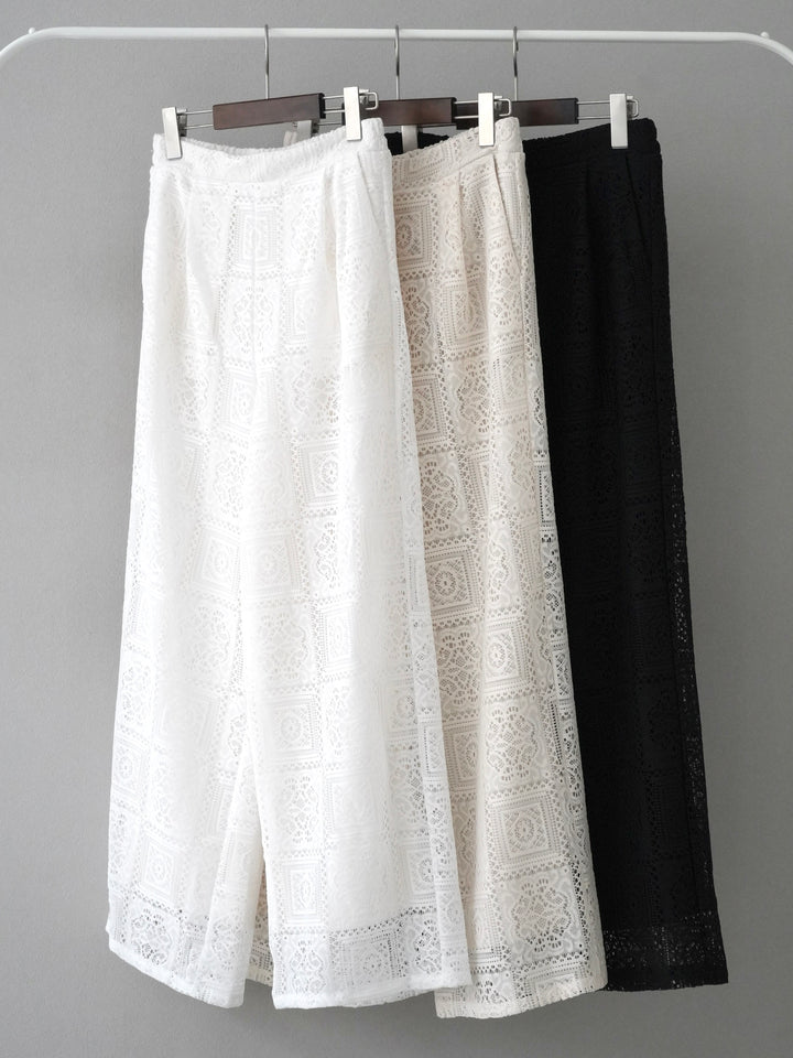 【套裝】棉質蕾絲上衣+塊蕾絲寬褲（2套）