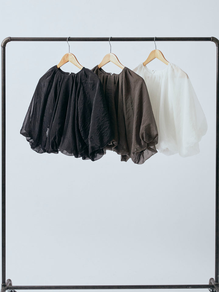 【Allure】[SET]オーガンジーバルーンショートブラウス+シャイニースラブシアーワイドパンツ(2set)