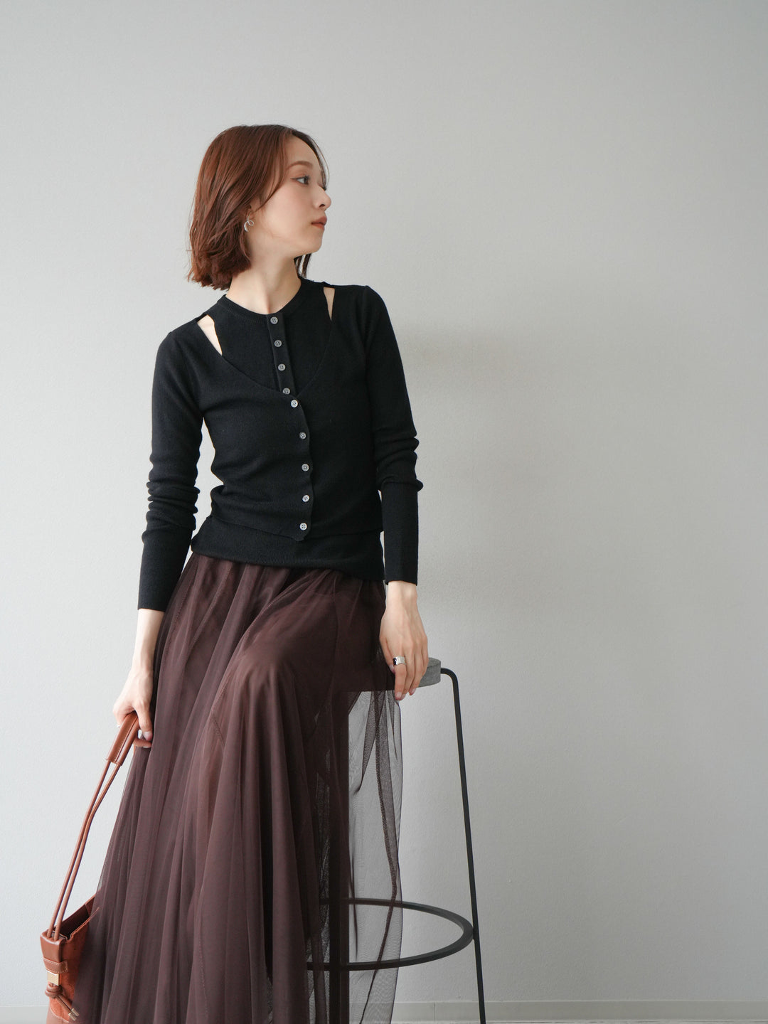 [予約]レイヤードデザインニットカーディガン/ブラック