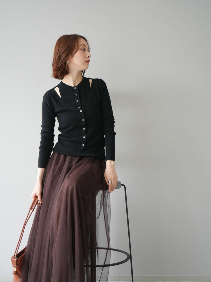 [予約]レイヤードデザインニットカーディガン/ブラック