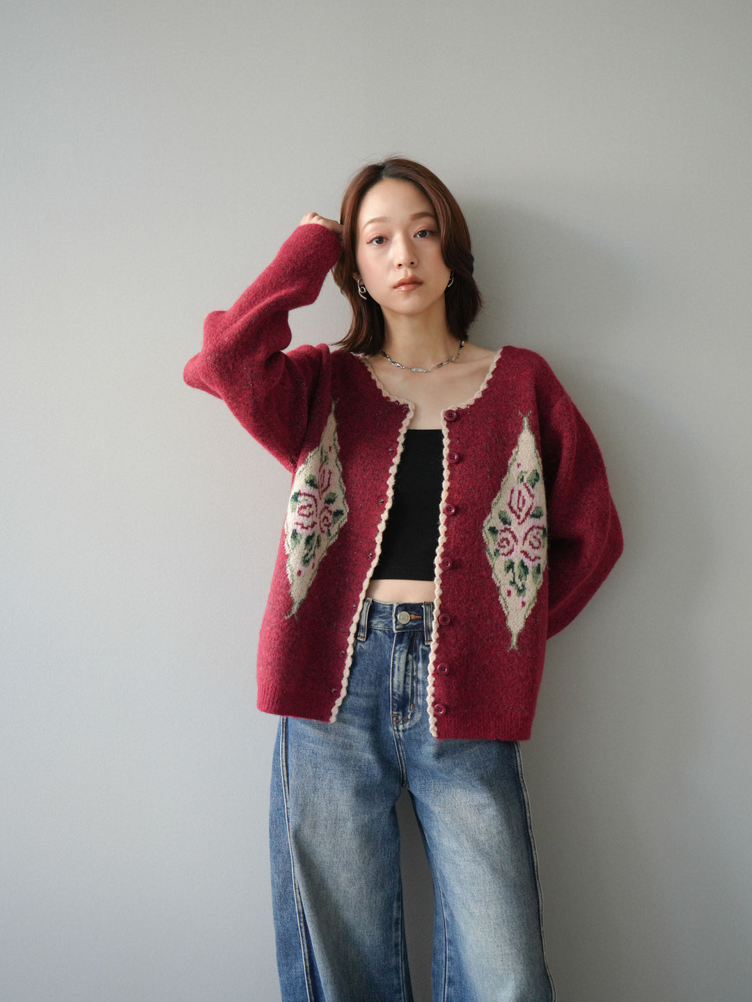 [予約]アンティークフラワージャガードニットカーディガン/red