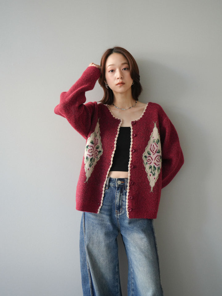 [予約]アンティークフラワージャガードニットカーディガン/red