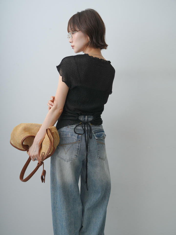 [SET]シャーリングシアーバックオープンフレンチトップス+ダメージデニムセミワイドパンツ(2set)