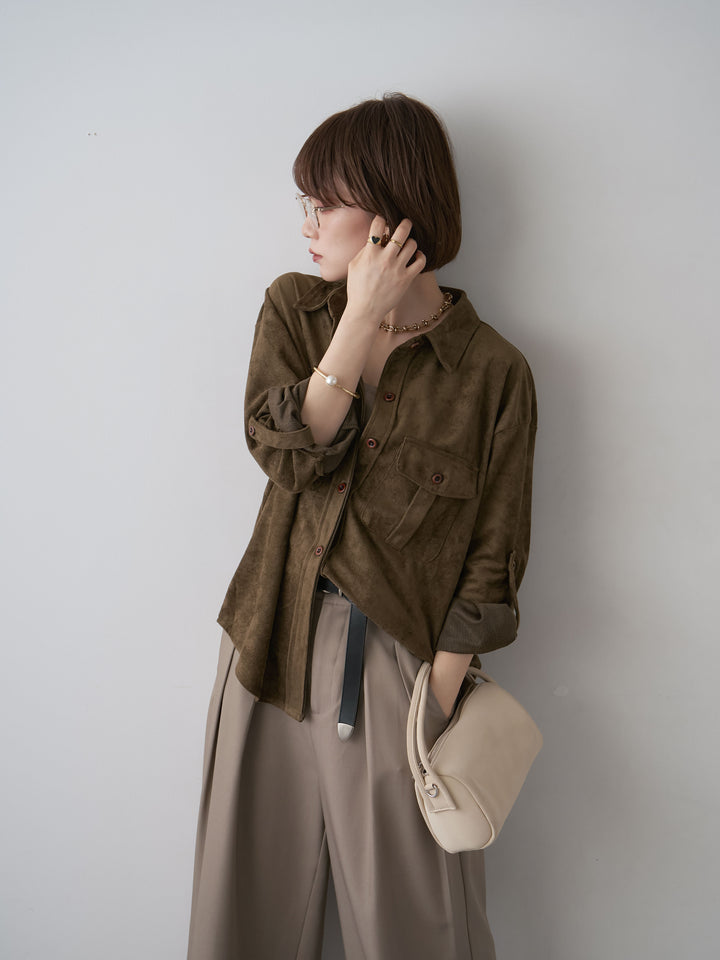 [SET]スウェードタッチWポケットシャツ+ツイルタックワイドパンツ(2set)