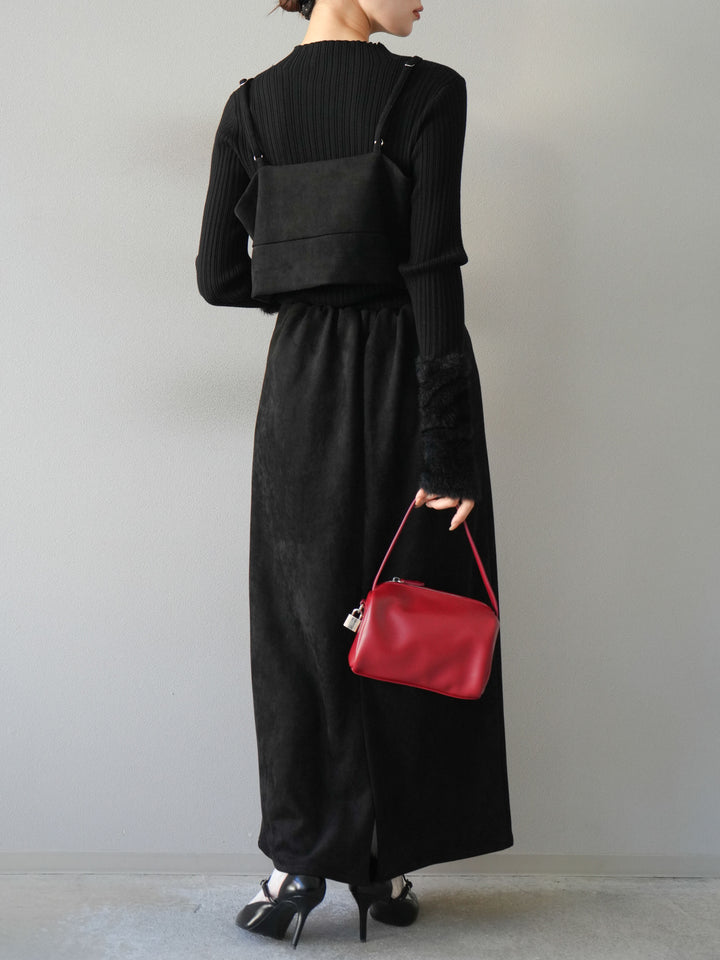 [SET]スウェードビスチェ+アームシャギーランダムリブニットトップス+スウェードIラインスカート(3set)