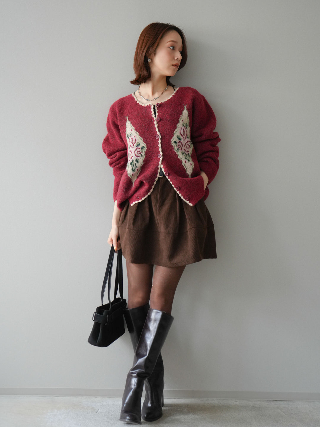 [予約]ベルト付インパンコーデュロイタックフレアスカート/brown