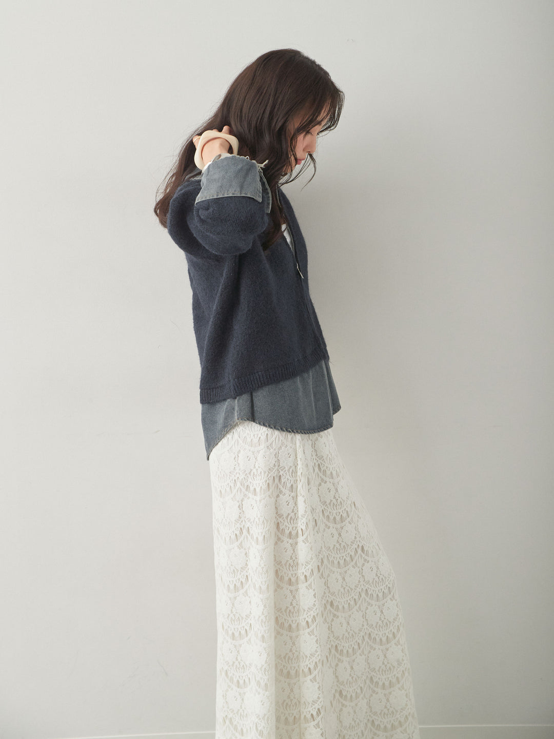 [予約]デニムレイヤードデザインジップニットカーディガン/navy