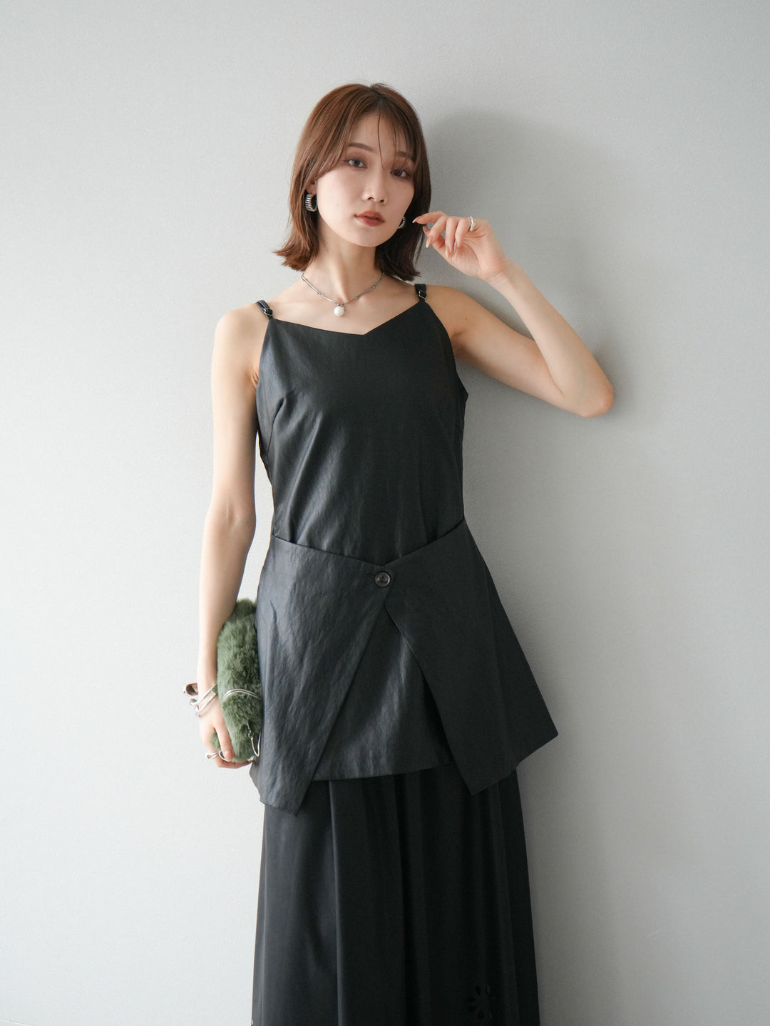 [予約]レイヤードレザーキャミソールチュニック/ブラック