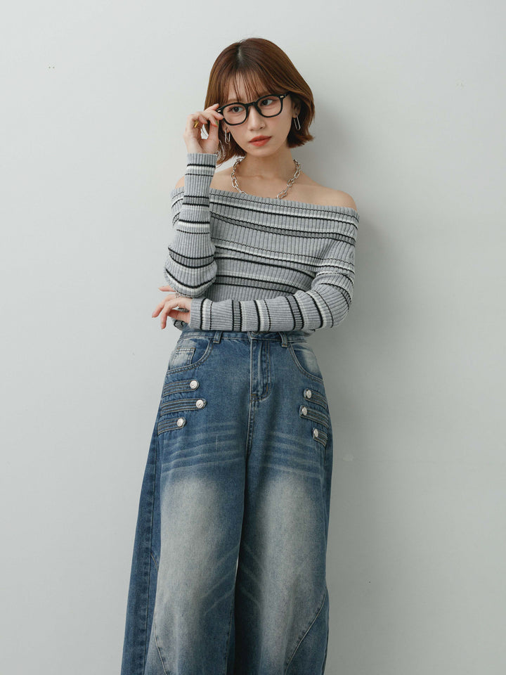 [SET]マルチボーダーオフショルニットトップス+ナポレオンカーブデニム(2set)