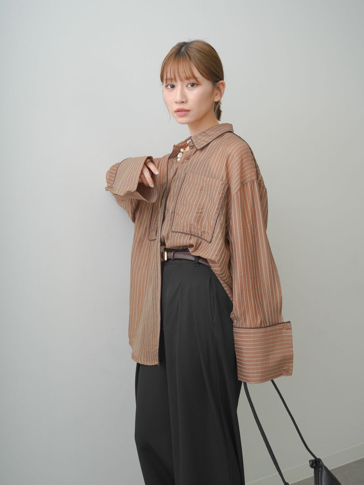 [SET]バイカラートリムオーバーストライプシャツ+クレープデシンタックワイドパンツ(2set)