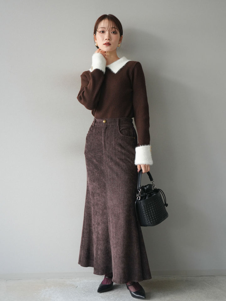 [SET]シャギー襟リブニットトップス+ベルベットマーメイドスカート(2set)