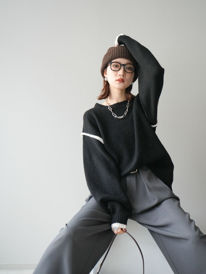 [予約]バイカラーパイピングニットプルオーバー/black