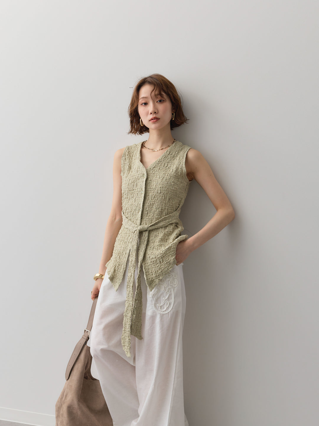 [予約]シャーリングウエストリボンVネックトップス/green