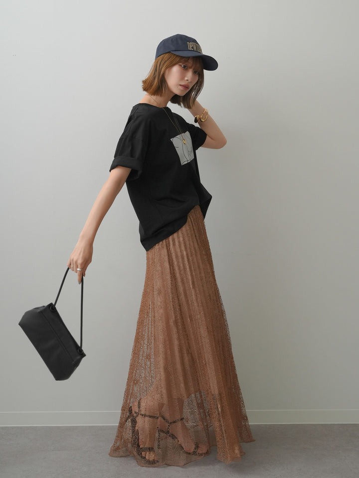 [SET]箔プリントボックスTEE+フローラルレースプリーツスカート(2set)