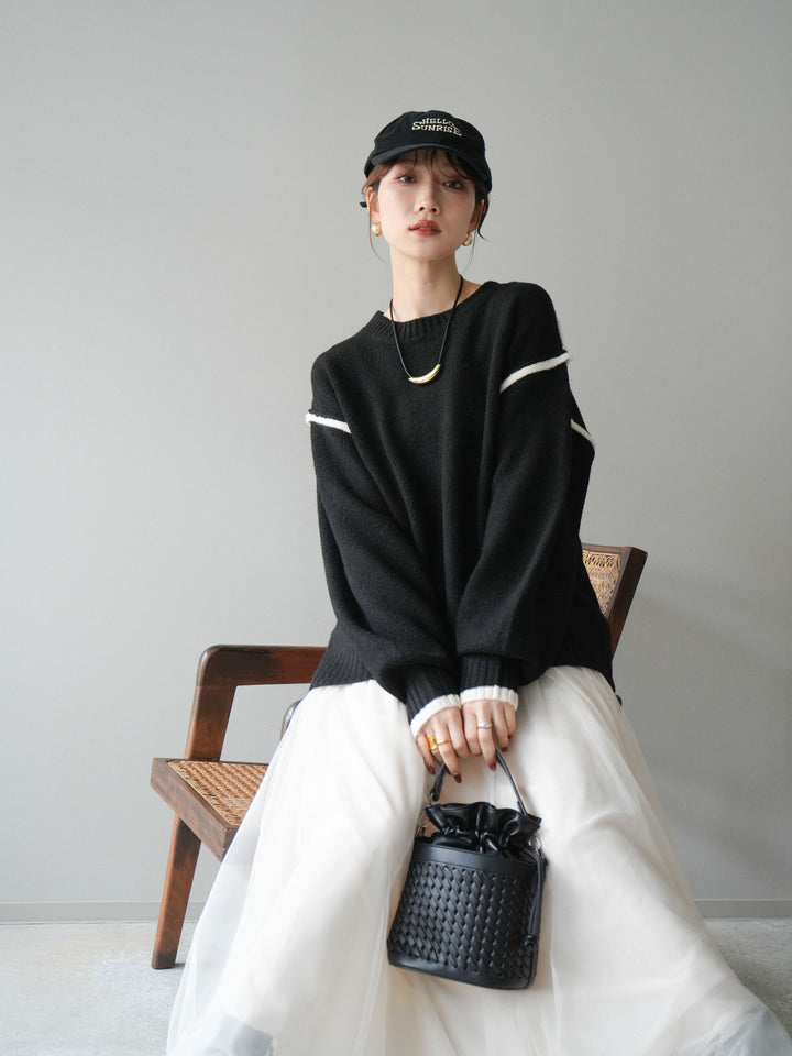 [予約]バイカラーパイピングニットプルオーバー/black