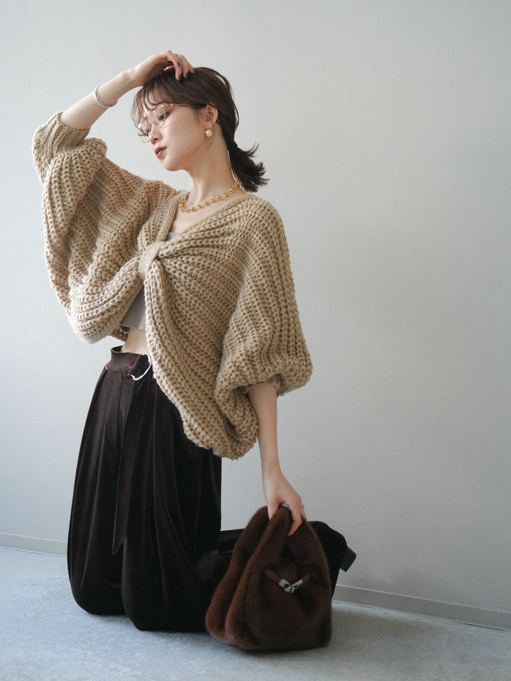 [予約]ローゲージ畦編みドルマンニットボレロ/beige