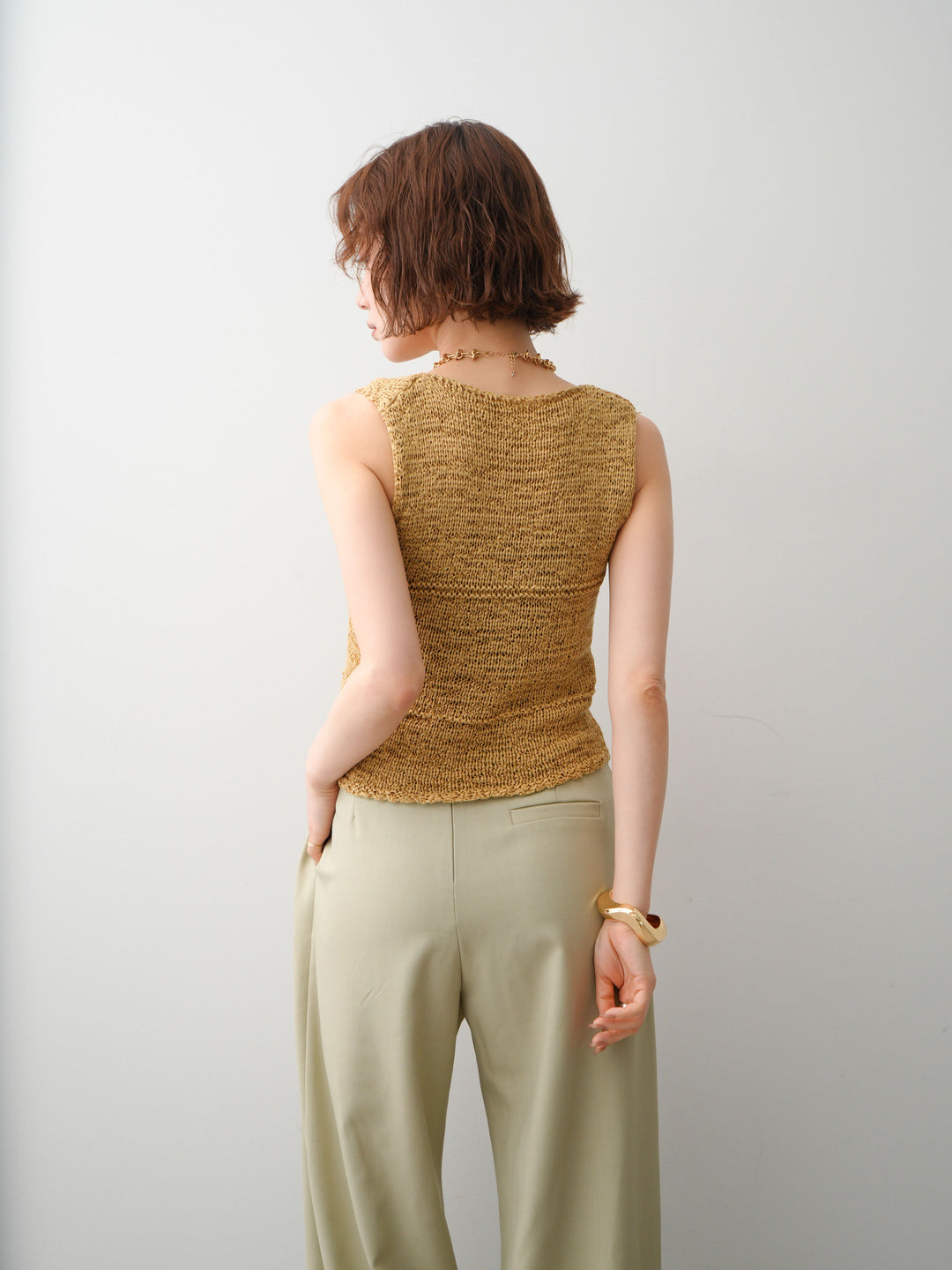 [予約]テープヤーンVネックニットトップス/khaki