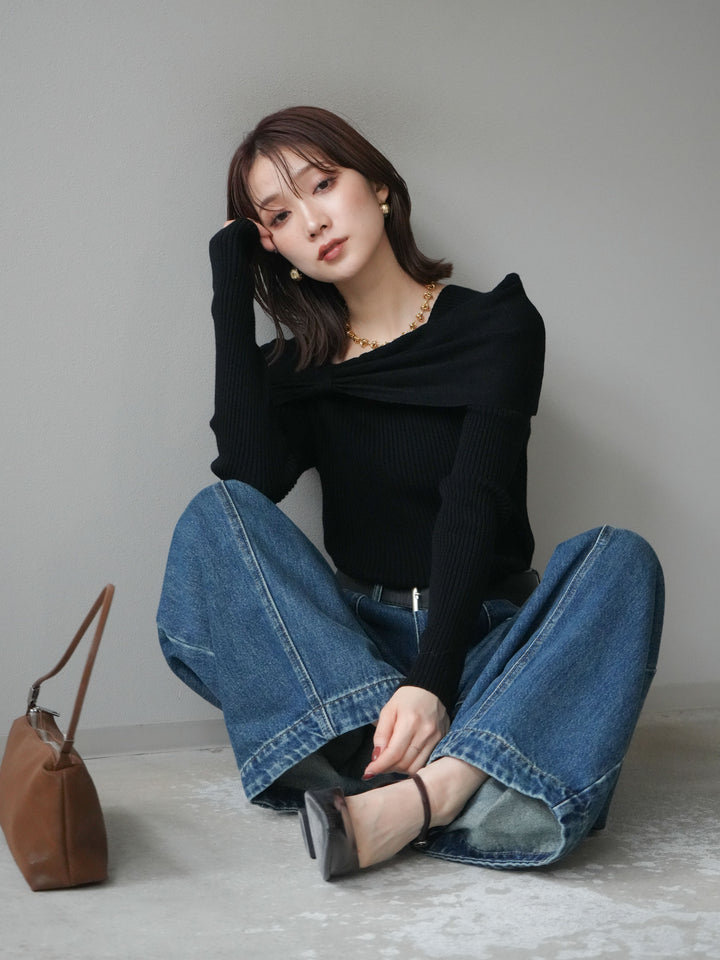 [予約]リボンモチーフオフショルリブニットトップス/black