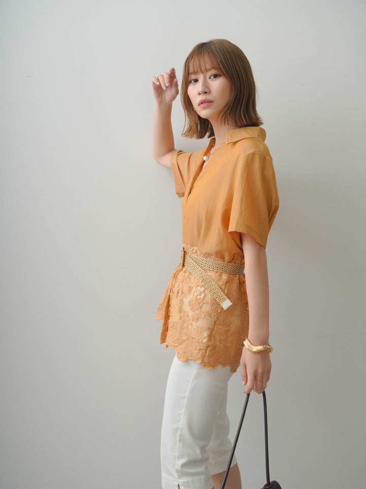 [予約]ベルト付レースドッキング半袖シャツブラウス/orange