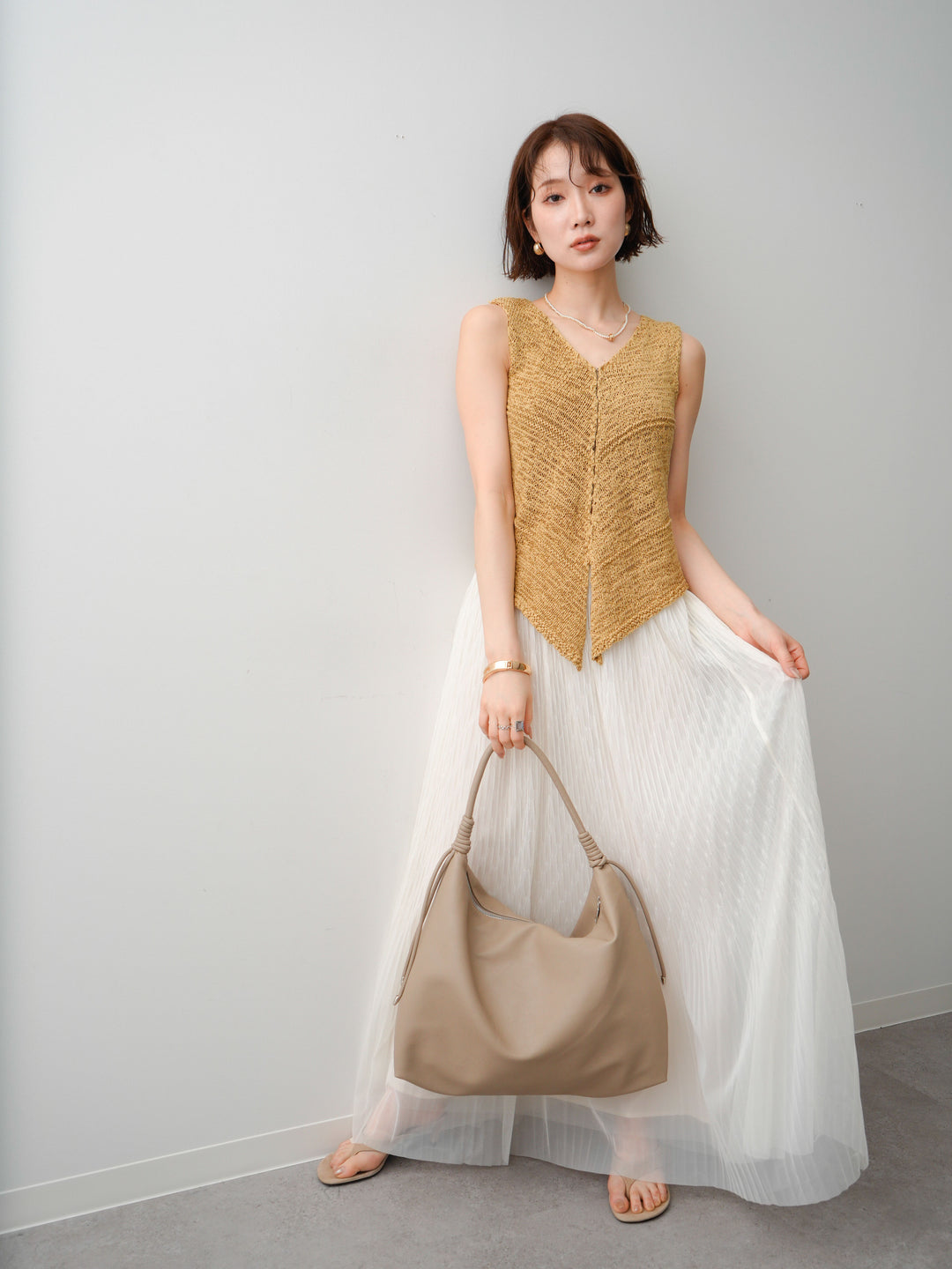 [予約]テープヤーンVネックニットトップス/khaki